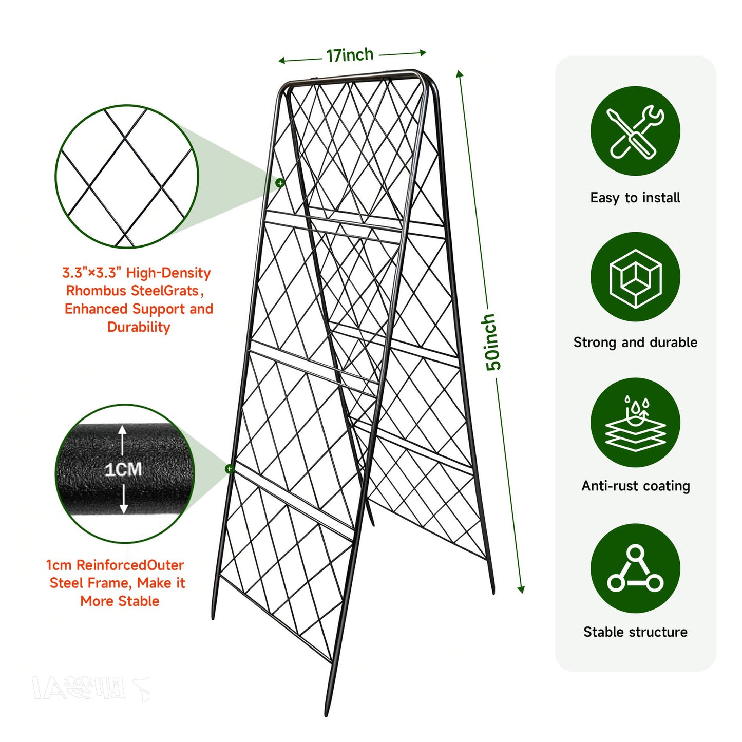 50"x17" Heavy Duty Metal Garden Trellis - Rust-Proof A-Frame Cucumber Trellis with High-Density Rhombus SteelGrats for Climbing Plants, Tomatoes & Raised Beds, Outdoor Use (1 Pack)