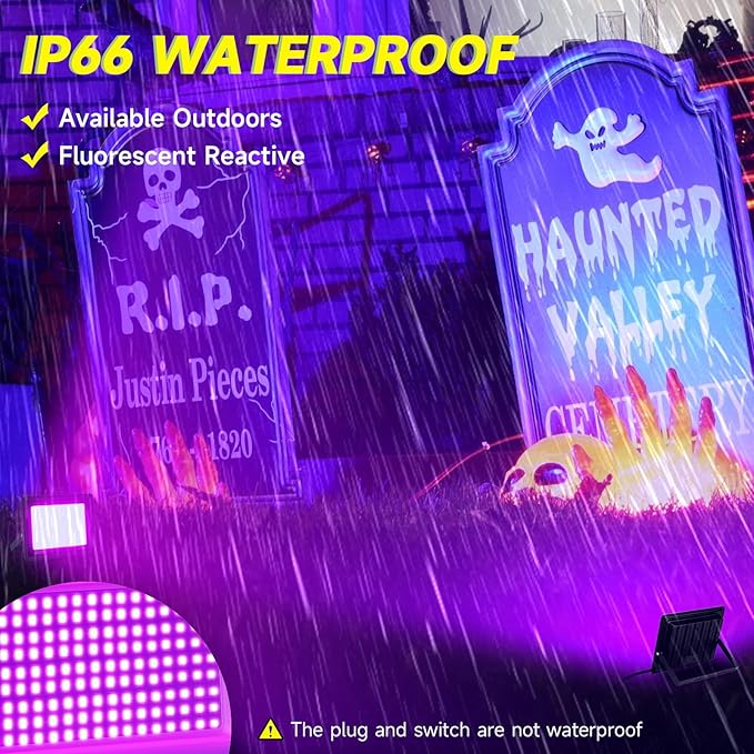 2 Pack 200W LED Black Light, IP66 Waterproof Outdoor Blacklight Flood Light Spotlight with Plug, Switch, Cord for Neon Glow Party Fluorescent Poster Body Paint Stage Lighting Halloween Decor