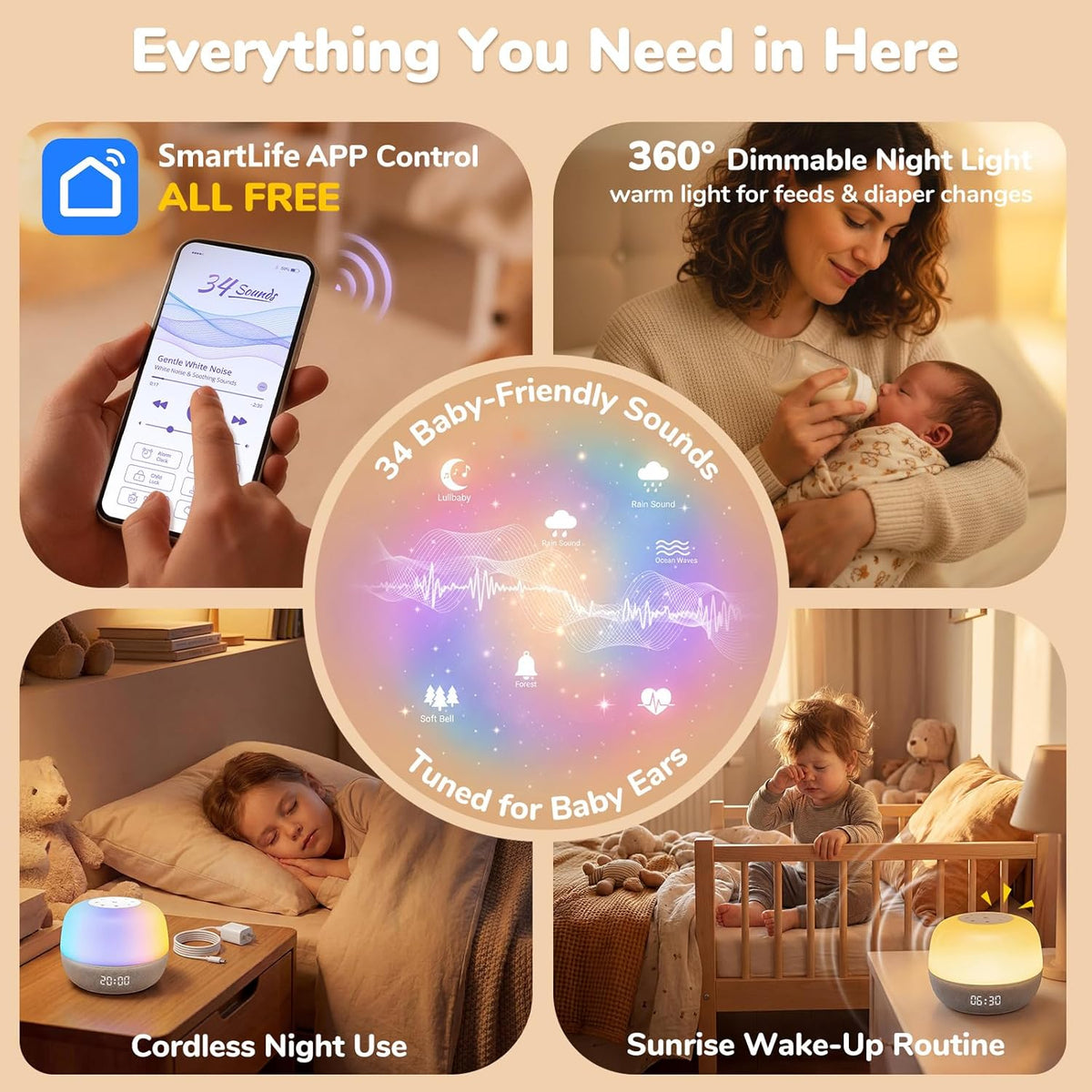 Mom's Choice Awards Sound Machine - White Noise with Sunrise Alarm & App Control | 360° RGB Night Light for Adults & Kids