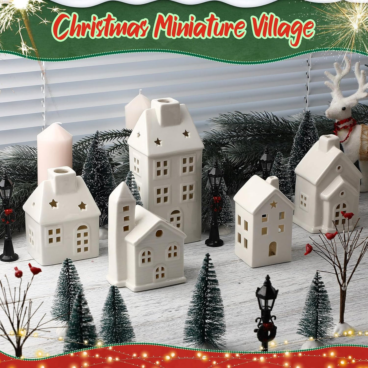 WinnerWhy 24-Piece LED Lighted Christmas Village Set - Mini Ceramic Houses & Streetlights for Festive Decor