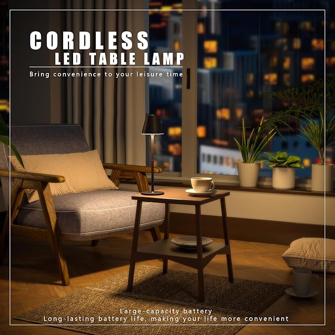 4-Pack Cordless Table Lamps - 5000mAh Rechargeable Battery Operated Desk Lamp, 3-Level Dimmable LED Night Light for Bedroom, Dining, Restaurant - Metal Design(Kahaki-4PACK)