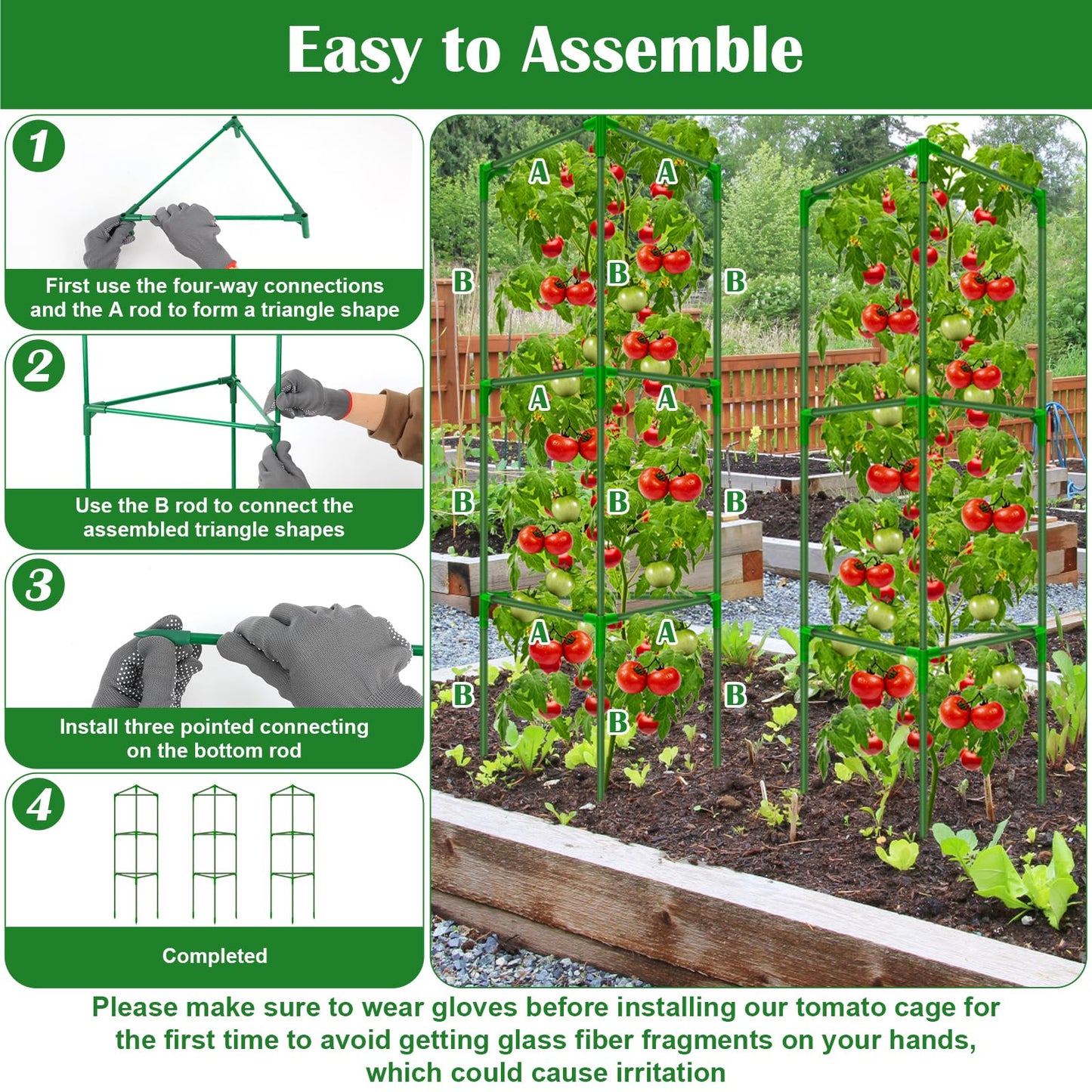 6 Packs Fiberglass Tomato Cages for Garden, 56 Inch Tall Tomato Plant Support, Adjustable Cucumber Stakes Plant Climbing Trellis for Garden Vegetables Fruits, Climbing Bean Support Cages with Clips