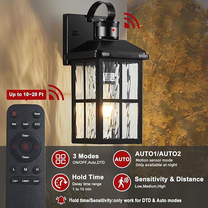 Porch Lights Outdoor with Remote Control: Motion Sensor Exterior Lighting Fixtures Intelligent 3 Lighting Modes Outdoor Wall Lights Sconce Lights for House Patio Front Door Garage