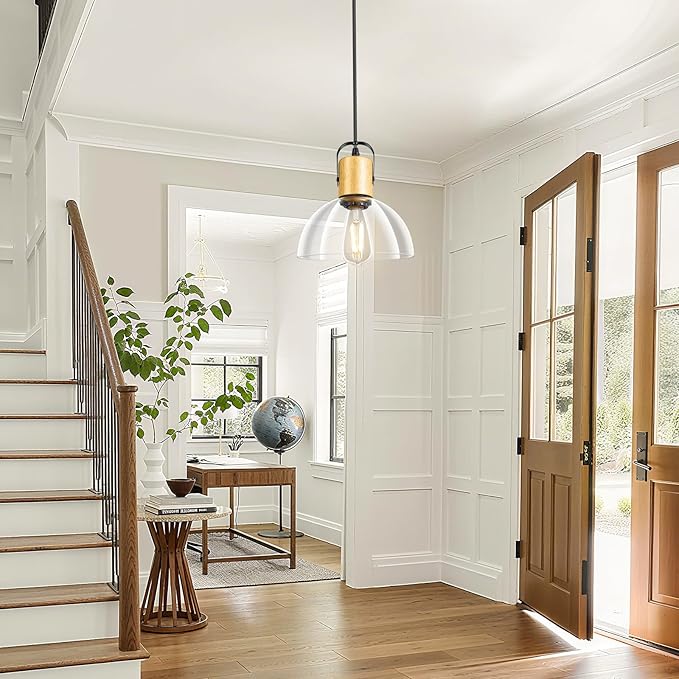 1 Pack Wood Pendant Lights, Pendant Light Fixtures with 7.5" Clear Glass Shade, Modern Farmhouse Hanging Lights for Kitchen Island, Bedroom, Bathroom, Dining Room