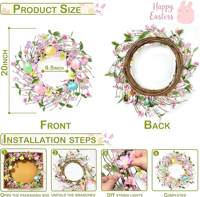 Timer - 20 Inch Easter Wreaths for Front Door Easter Decorations, Easter Wreath with 20 LED Lights Colorful Eggs Flowers Leaves Berried Spring Wreath Decor for Home Holiday Farmhouse Indoor Outdoor