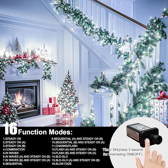 LAMPHOME 99ft Christmas Decorative Mini Lights, 300 LED Transparent Wire Fairy Starry String Lights Plug in, 16Lighting Modes for Indoor Outdoor Xmas Tree Wedding Party Decoration (White)