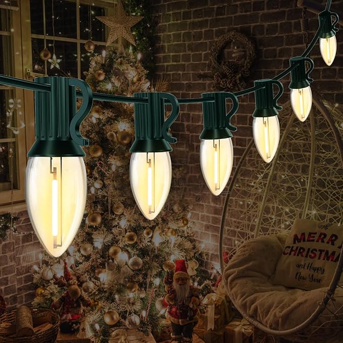 10FT C7 Christmas Lights, Warm White LED Indoor Outdoor String Lights for Halloween, Xmas Tree, Window, Door, Party Decor, Plug in with Green Wire