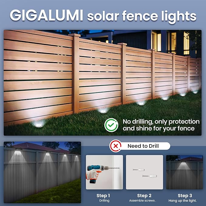 GIGALUMI Solar Ground Lights - No-Drill Fence Lighting Solution, Waterproof Perimeter Lights Compatible with Wood, Metal & Concrete Fences (12 Pack Cool White)