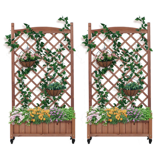 Metal Planter Box with Trellis, 73-Inch Tall Raised Garden Bed with Wheels, Privacy Screen Planter for Climbing Plants, Vegetables & Vines, Galvanized Steel Outdoor Privacy Shield, Black (Wood 2-pack)