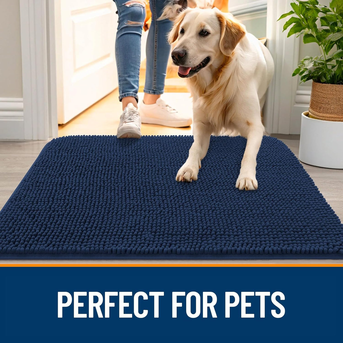 OLANLY Dog Door Mat - Absorbent Non-Slip Chenille Mat for Muddy Paws | 59x24, Dark Blue, Quick Dry