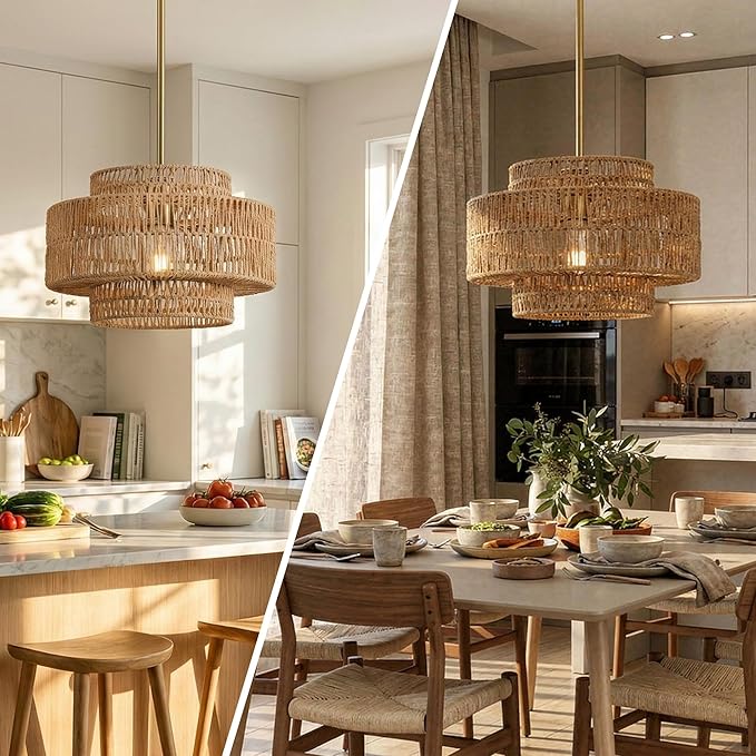 1 Light Pendant Lighting, Farmhouse Hanging Light Fixture for Kitchen Island & Dining Room, Industrial Vintage Ceiling Lamp with E26 Base, Adjustable Height, 12.4” Boho Rattan Chandelier