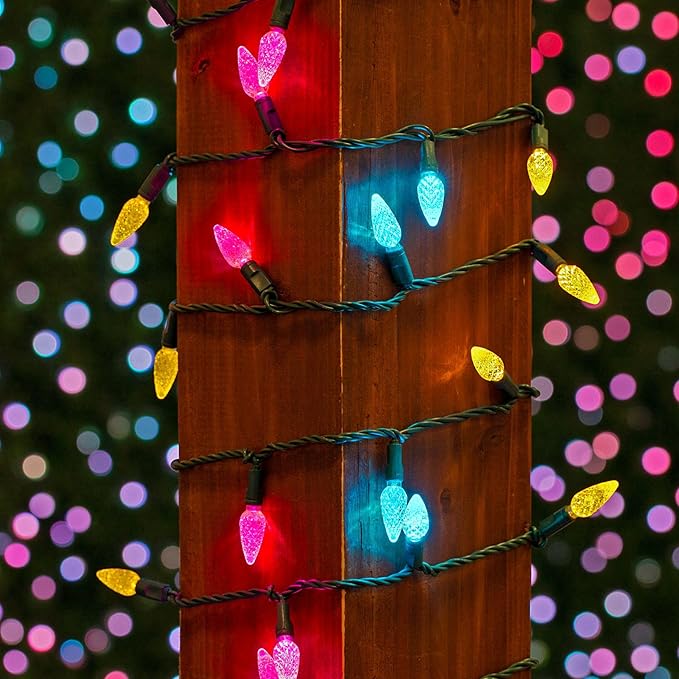 70 Light 24Ft Spring Easter Lights Commercial String Lights C6 LED Strawberry Faceted Bulb – Yellow/Teal/Pink, Green Wire, Indoor/Outdoor, Full Wave No Flicker, Connect 43 Sets