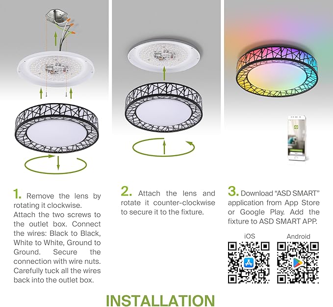 ASD 20 Inch Smart RGBW Flush Mount Ceiling Light with Remote - Matte Black 42W 120V 2700-6500K Dimmable Ceiling Light Fixture, WiFi App Control RGB Lights, Alexa & Google Assistant - ETL, 2 Pack