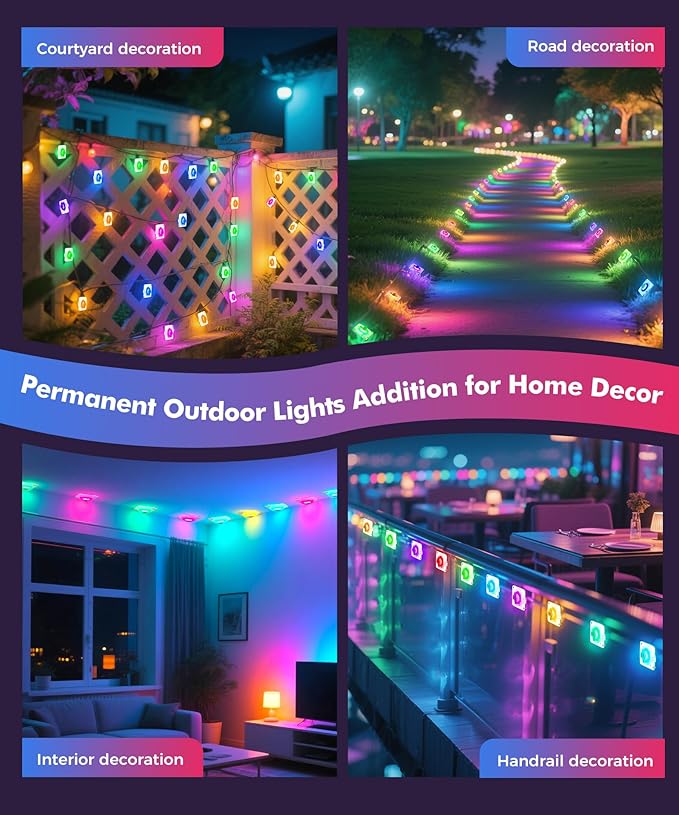 POOFZY Permanent Outdoor Lights for House,49ft RGB+IC Smart Outdoor Decor, 50 Scene Modes,App/Remote Control,IP67 Waterproof,for Christmas,Easter,Daily & Holiday Party Decor,House Roof Lighting