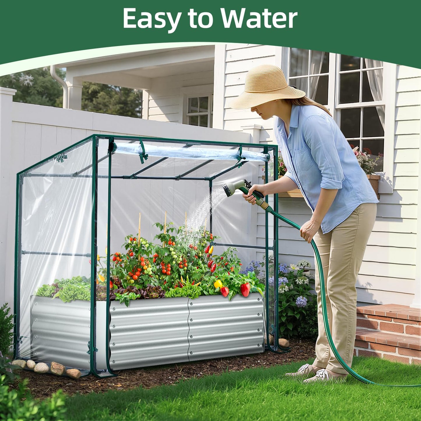 Ohuhu Raised Garden Bed with Cover Outdoor, 4x2x1 FT Galvanized Metal Planter Box with PVC Greenhouse Cover, Protects Plants from Frost Birds Insects, 3-in-1 Gardening Set for Vegetable Flower Herb