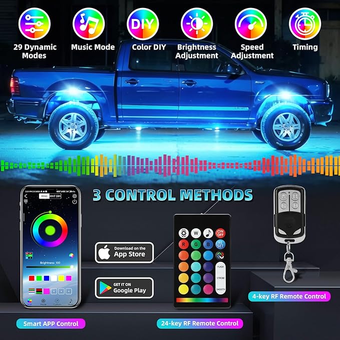 4 Pods Segmented RGB LED Rock Lights for ATV Golf Cart RZR SXS UTV Truck Pickup, Waterproof Multicolor Underglow Kit with APP/RF Remote Multi Zone Control Sync Music Mode Neon Underbody Lights 12V