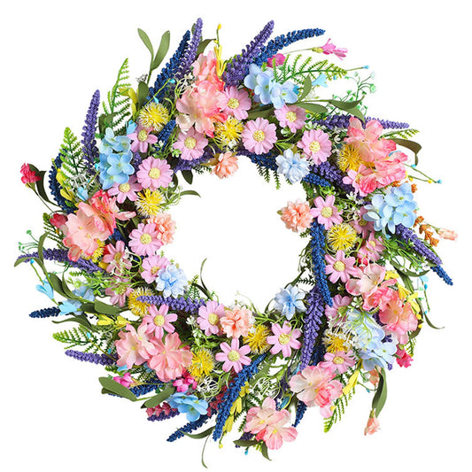 Floral Wreath, 16 Inch Colorful Spring Wreath for Front Door with Realistic Daisies & Lavender, Easter Home Decor for Indoor Outdoor Door Wall