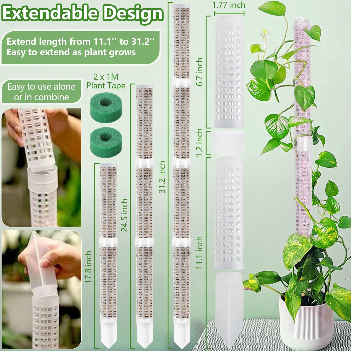 Sturdy Moss Poles for Climbing Plants - Extendable & Adjustable Small Moss Pole Monstera Plant Support Ideal for Indoor and Climbing Plants & More, Extendable Length 11.1'' to 31.2'', Set of 5