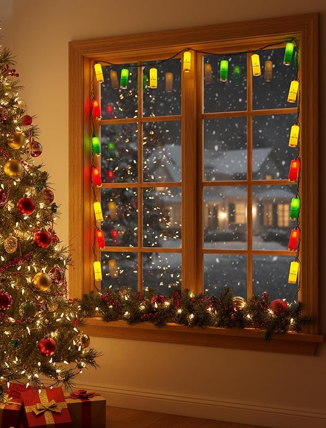 8.5Ft LED Shotgun Shell Shape Christmas Light Outdoor, Christmas Decorations Lights with 10 LED Red Green and Yellow Bullets Bulbs, Hanging Bullets String Lights for Patio Garden Party Xmas Tree Decor