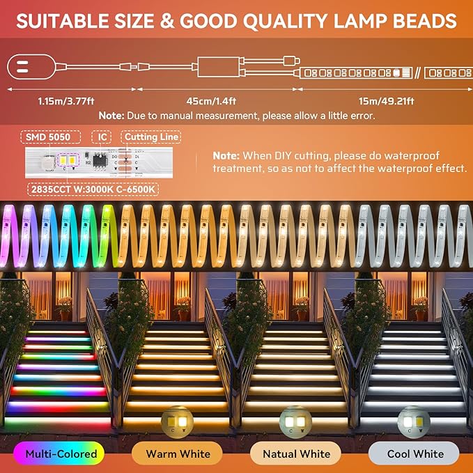 50Ft Outdoor RGBWW+IC LED Strip Lights, IP67 Waterproof Multi-Colored+3000K-6500K 24V LED Lights with Remote and APP, Music Sync Color Changing LED Tape Lights,DIY Strip Lighting for Courtyard Garden