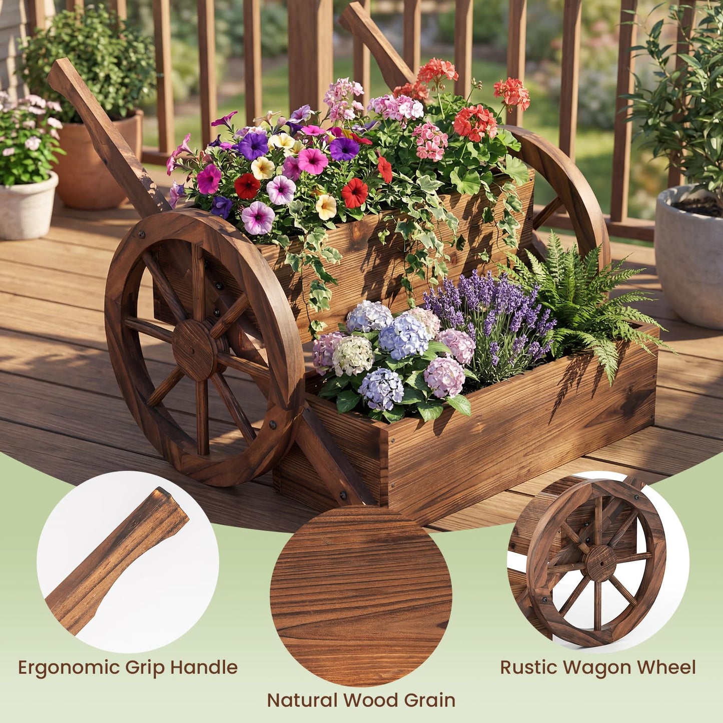Giantex Wooden Wagon Planter Box, Rustic Garden Planter with Wheels, Handles & Drainage Holes for Flowers Herbs Vegetables, Indoor Outdoor Decorative Flower Cart for Patio Balcony (1)