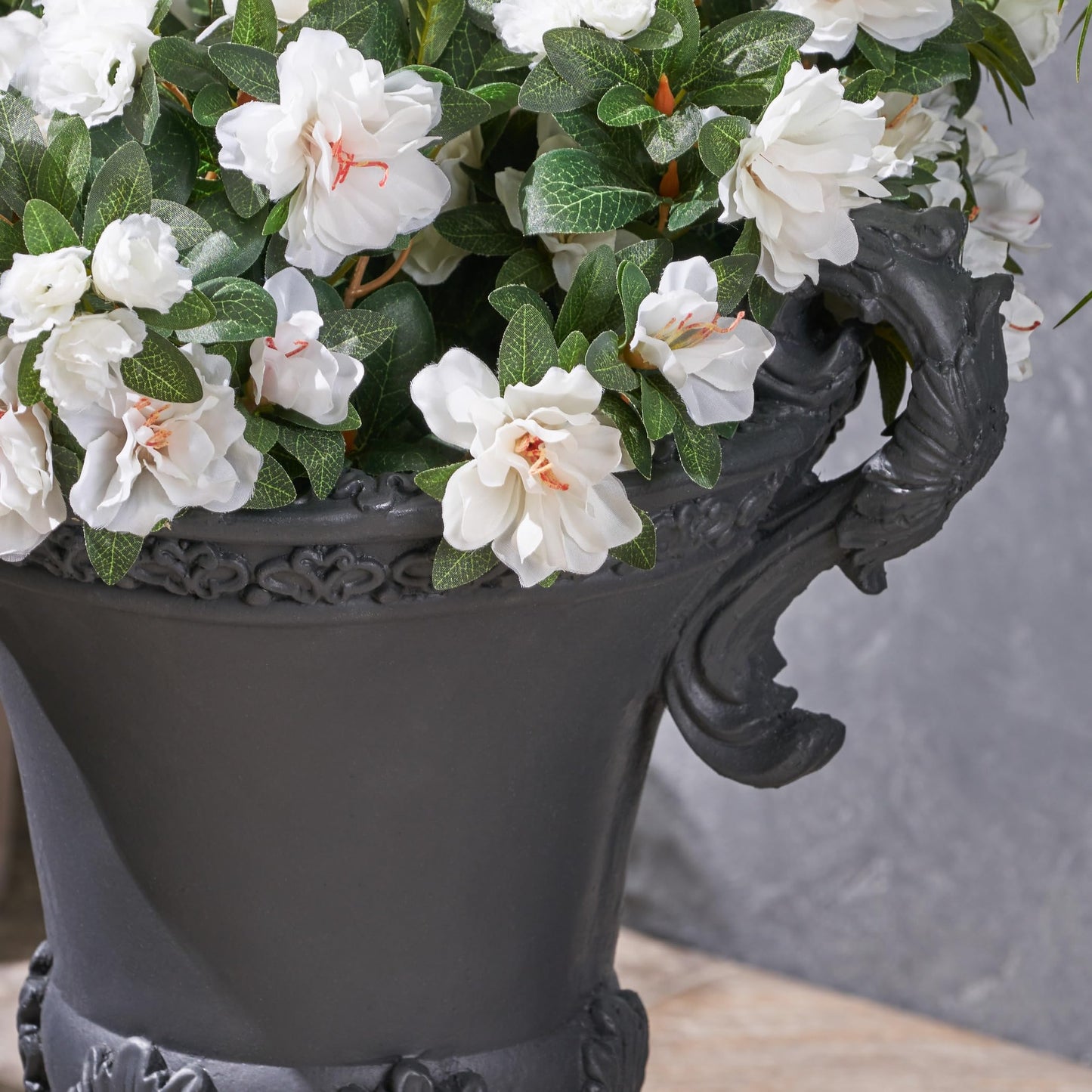 PETALORE Black Urn Planter, Tall Outdoor Flower Pots with Roman Botanical Design, Durable Magnesium Oxide Pedestal Planter for Garden, Patio, or Front Porch Decoration, Weather-