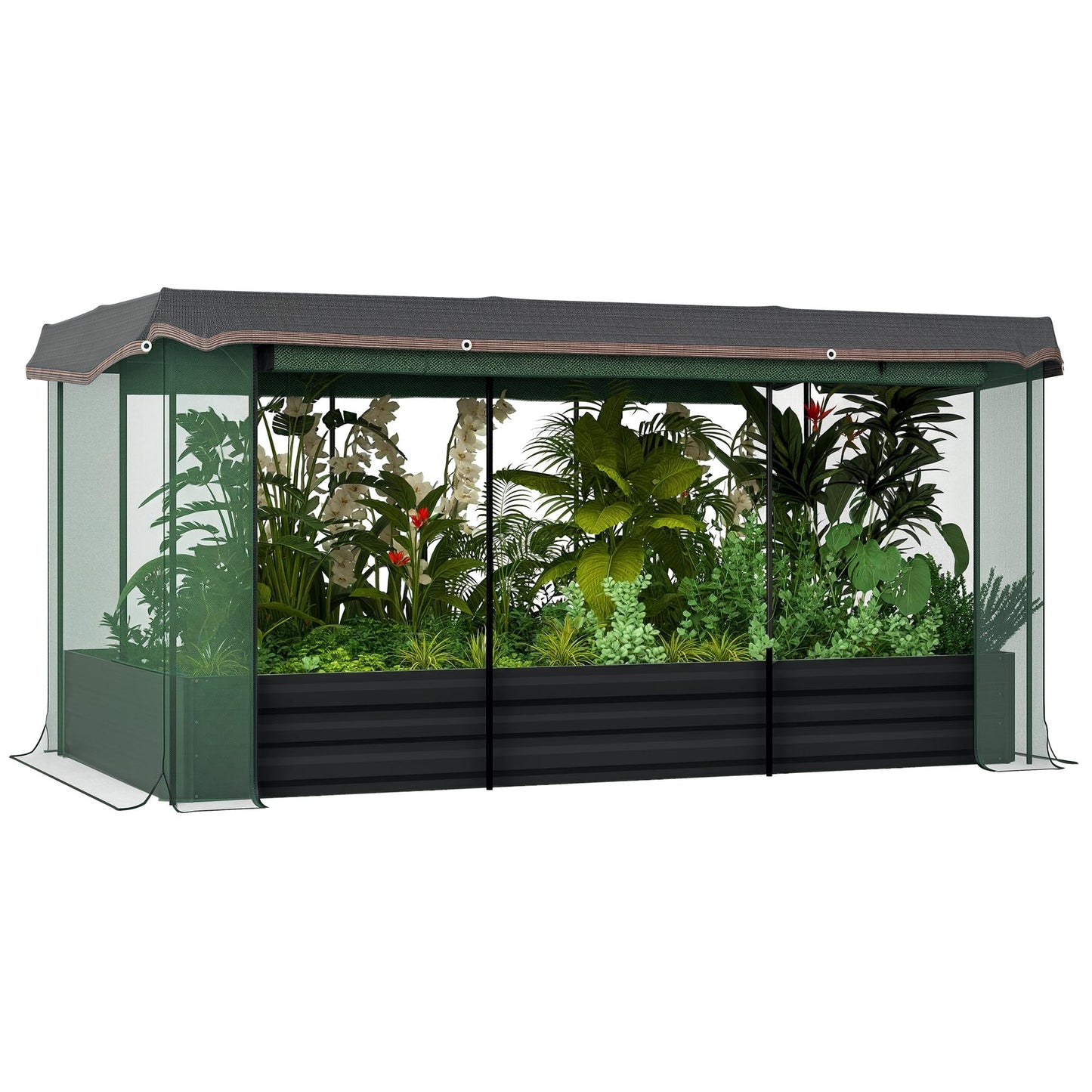 Outsunny 7.3 x 3.4 x 1 ft Galvanized Raised Garden Bed with Crop Cage Plant Protection Net and Shade Cloth Roof, Metal Planter Box with Cover for Vegetables, Flowers, Herbs, Dark Gray