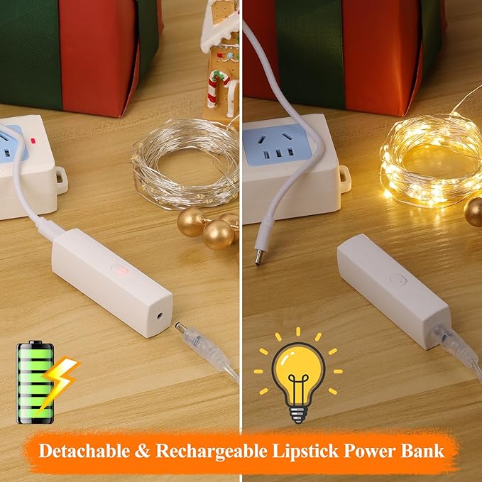 Lakumu 132FT(33 * 4) Fairy Lights Battery Operated, Rechargeable String Lights with Timer, LED Twinkle Lights for Bedroom, Christmas Decorations, Wedding, Centerpiece Table Decor, Warm White