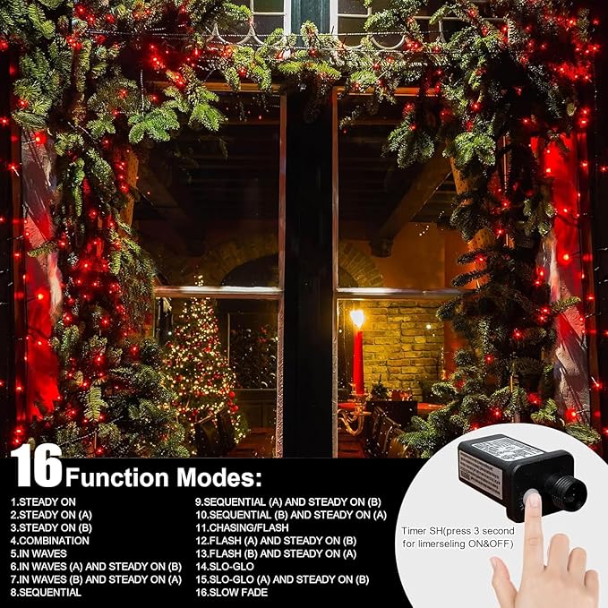 LAMPHOME 33ft 100 LED Red Valentine Lights, Connectable 16 Modes Valentine Room Light Indoor Plug-in, Clear Wire Red Christmas String Light Outdoor Waterproof for Valentine's Day Xmas Bedroom, Party