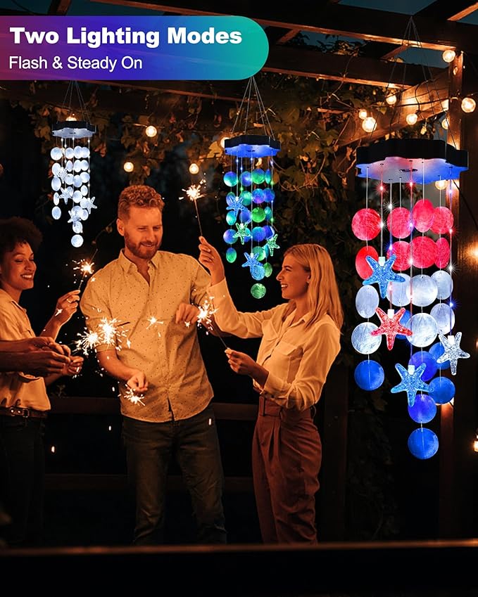 Toodour Solar Decorative Lights Outdoor, Red White Blue Shells Lights Gifts for Mom Grandma Women Wife Girls, Solar Wind Chimes Outside Decorative Mobile Light for Garden Porch Yard Window Decor