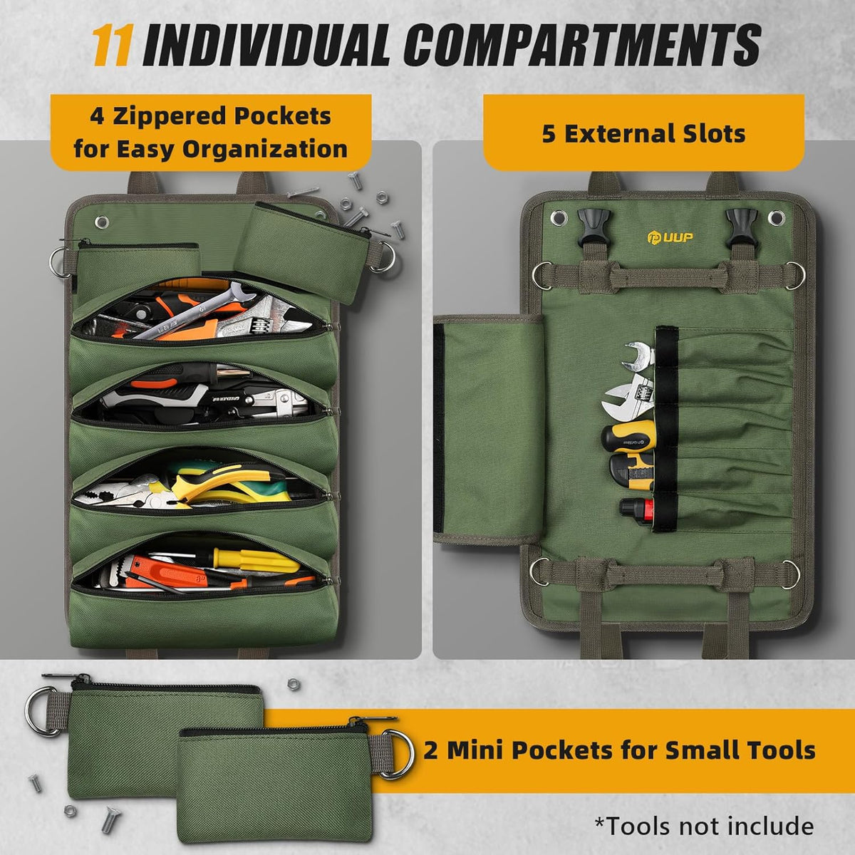 UUP Heavy Duty Tool Bag Roll-Up - Portable Soft Storage Organizer with Pockets | Green, Perfect for Mechanics & Gifts for Dad