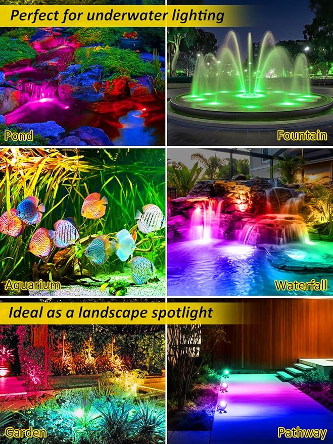 T-SUN Colored Pond Lights with Timer,LED Underwater Pond Light Submersible Fountain Lights for Fish Tank Landscape Spotlight-Remote Control, IP68 Waterproof, Aquarium, Yard (4 Heads)