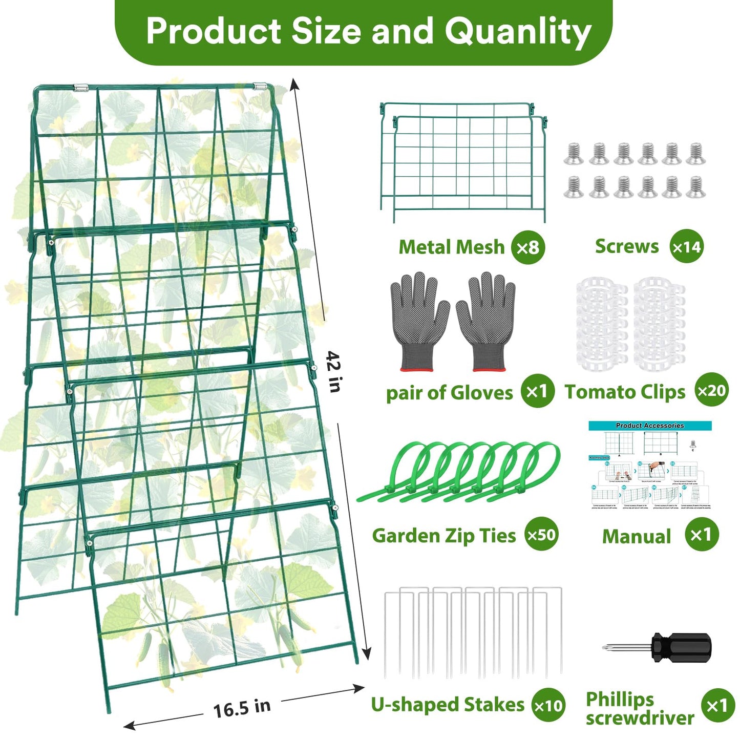 17 x 42 Inch Garden Trellis for Raised Beds Foldable Climbing Plant Support Cucumber Trellis Outdoor A-Frame Metal Vegetable Trellis with Garden Supplies for Grape Tomato Peas Flower