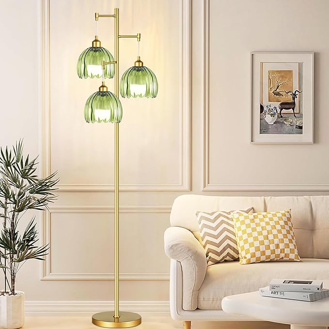 Gold Floor Lamps for Living Room Bedroom-3 Light Glass Floor Lamp with Three Led Bulb, Rustic Tall Floor Lamp Gold Standing Lamp Tree Floor Lamps for Living Room Bedroom,Office,Corner