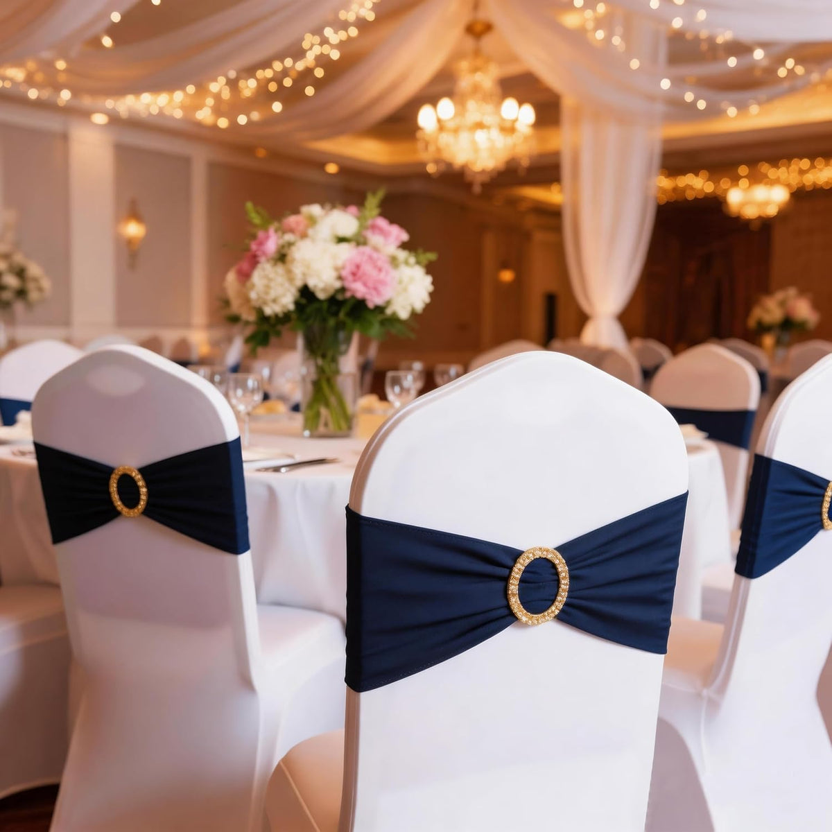 Skiennix Navy Blue Spandex Chair Sashes - Pack of 50 with Gold Buckles for Weddings & Events