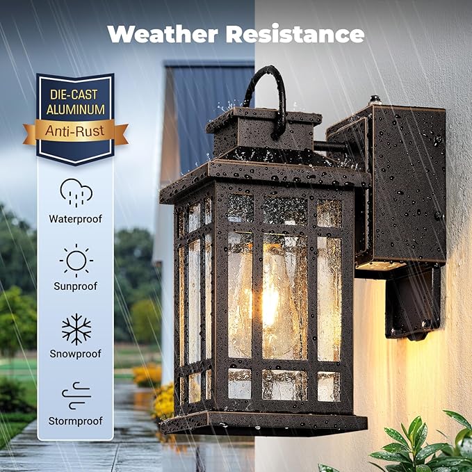 Dusk to Dawn Porch Lights with GFCI Outlet, Outside Lighting Fixtures for House, Oil Rubbed Bronze Exterior Garage Light Fixtures with Gold Trim, Anti-Rust Outdoor Sconce Light for Patio, Coach