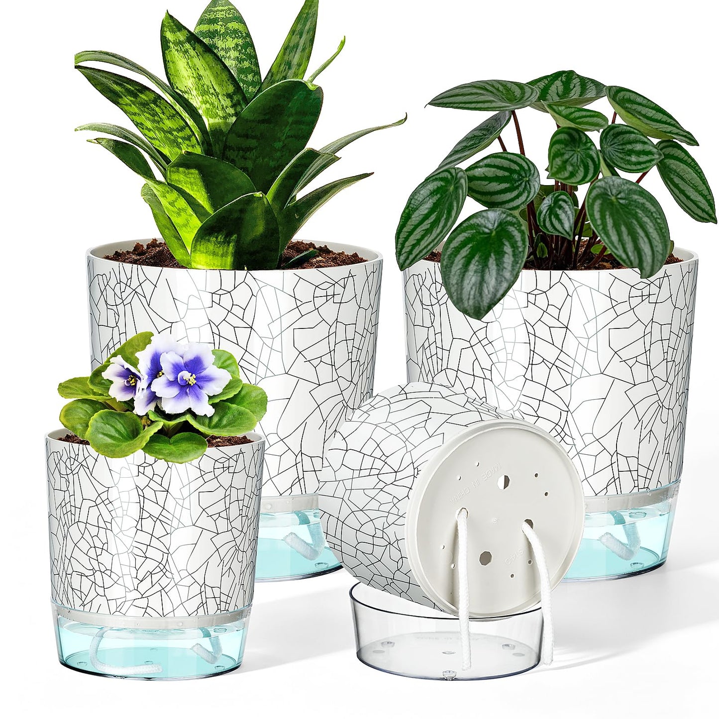 Samhe Self Watering Pots for Indoor Plants, 4/5.5 Inch Crackle Pattern Planters with Clear Water Reservoir & Wick System, 4 Pack Plastic Flower Pots for Succulents, Herbs, African Violets