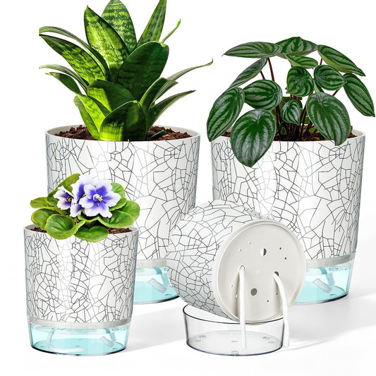 Samhe Self Watering Pots for Indoor Plants, 4/5.5 Inch Crackle Pattern Planters with Clear Water Reservoir & Wick System, 4 Pack Plastic Flower Pots for Succulents, Herbs, African Violets