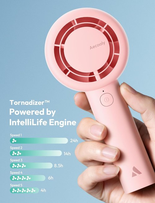 Aecooly Portable Handheld Turbo Fan - 24H Cooling, 5-Speed USB Rechargeable Mini Fan | Pink for Travel & Home