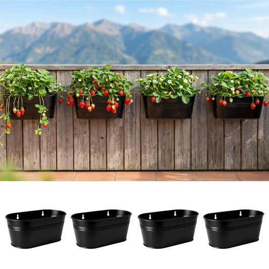 LaLaGreen Wall Planter (9.8 Inch, 4 Pack) Black Oval Metal Wall Hanging Decor Plant Holder for Mounted Indoor Flower Pots Balcony Railing Fence Window Decoration Porch Plants Pot Baskets Planters