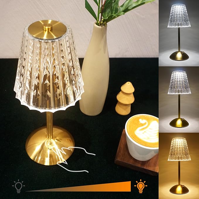 Cordless Table Lamp, Rechargeable Battery Operated Lamp, 3 Color Modes & Stepless Dimmable LED Touch Lamp, Portable Crystal Gold Metal Beside Lamps for Bedroom Living Room Restaurant Outdoor