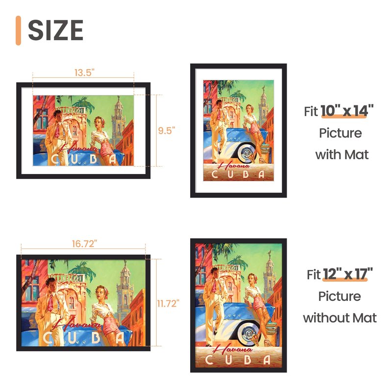 upsimples 12x17 Picture Frame, Display Pictures 10x14 with Mat or 12x17 Without, Wall Hanging Photo Frame, Black, 1 Pack