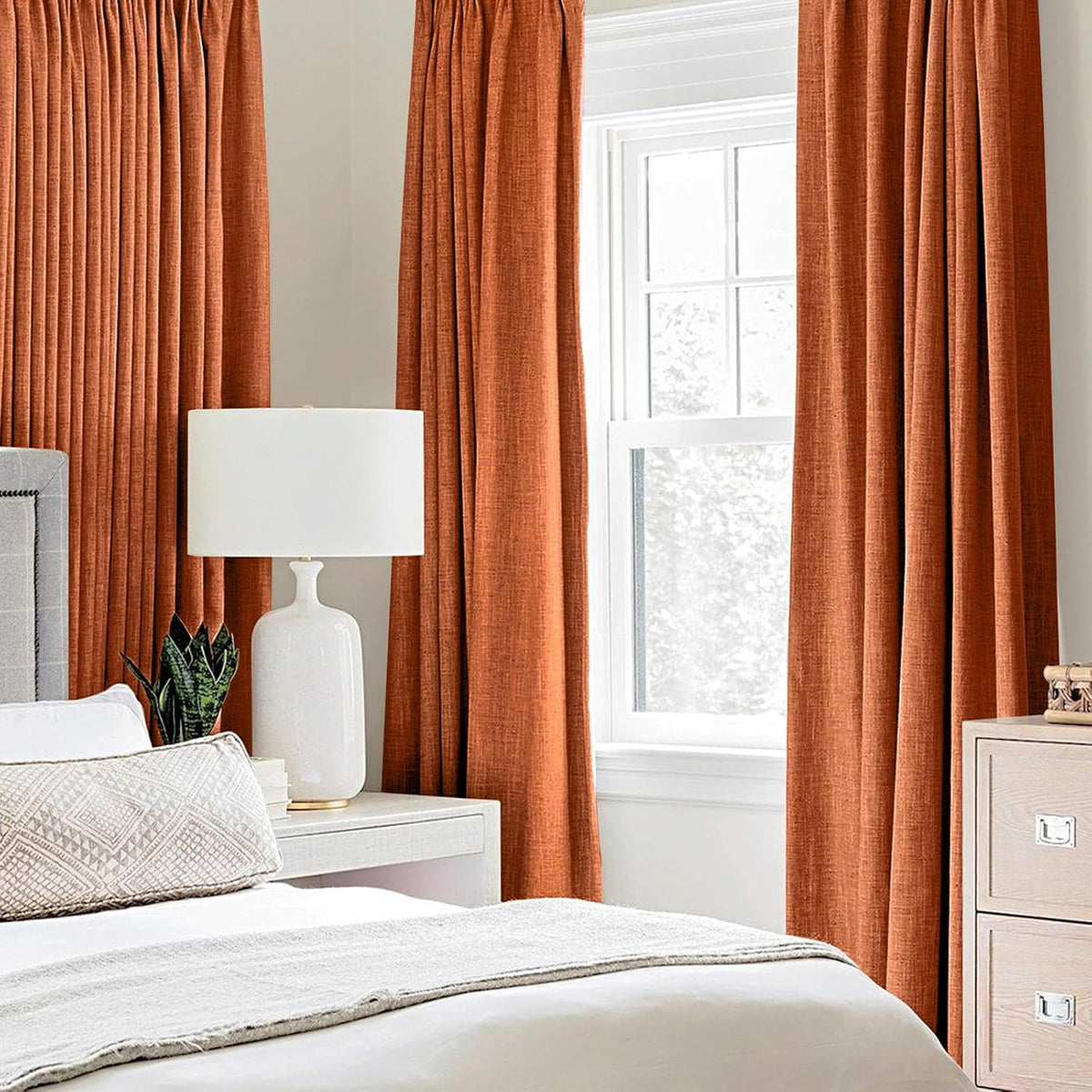 MIULEE Linen Curtains - 100% Blackout Thermal Insulated Drapes | Orange Grommet, 52 x 90 Inch (2 Panels)