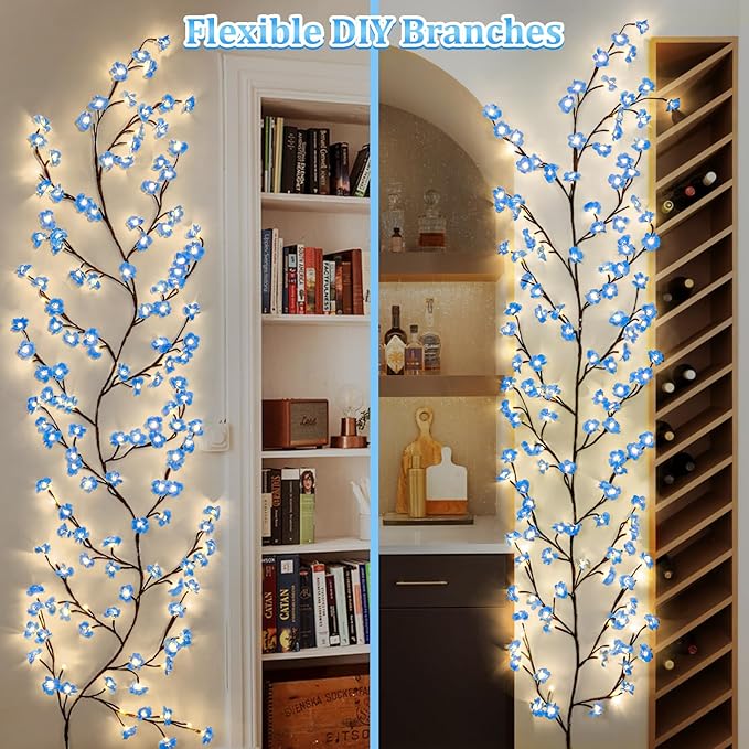 Blue Cherry Enchanted Willow Vine Lights,4FT 48 LED Cherry Blossom Lights with Remote Timer,8 Lighting Modes,LED Tree Branch Light for Wall,Cherry Blossom Wall Decor for Bedroom Living Room Windows