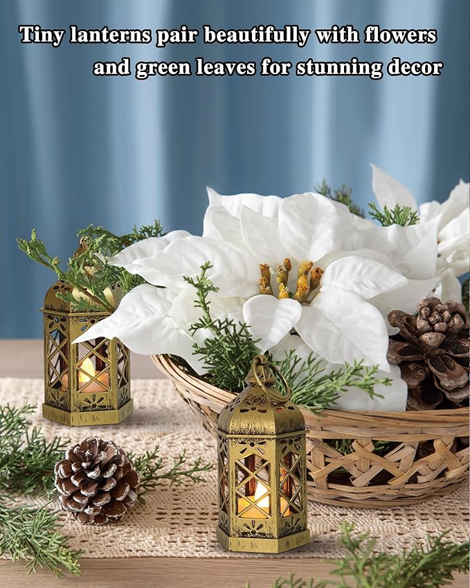 12-Pack Mini Gold Lanterns with Flickering LED Candles for Ramadan, Small Decorative Hanging Lanterns for Halloween, Christmas, Wedding, Lantern for Table Centerpiece, Garden Party Decor