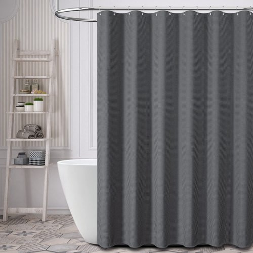 Dynamene Extra Wide Shower Curtain - 84 Inch Wide Waffle Weave Weighted Thick Cloth Bathroom Shower Curtain, Neutral Heavy Duty Hotel Bath Curtain Set with 14 Plastic Hooks, 84x72, Charcoal Grey