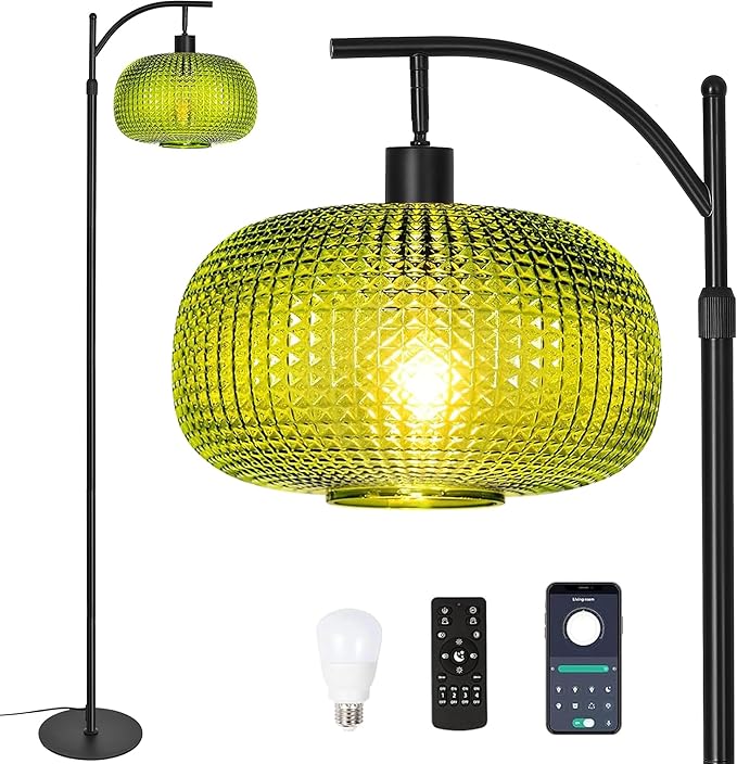 Floor Lamp for Living Room with Green Glass Shade, Modern Standing Lamp with Remote Control, Black Dimmable Tall Lamp for Bedroom Office with 12W LED Bulb