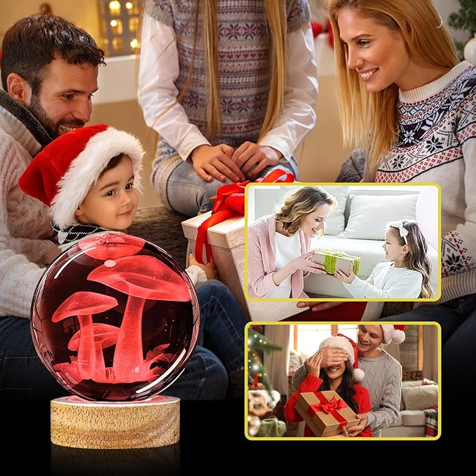 3D Crystal Ball Night Light with Wooden Base, Mushroom Glass Ball Lamp with 16 Colors and Remote Control - Cool Desk Decor Gift for Kids and Friends