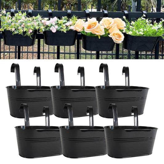 Joyfernal 12" Balcony Railing Planters, Outdoor Hanging Planter for Fence, Stylish Metal Porch Deck Flower Pot for Herbs & Succulents (Black, Pack of 6)