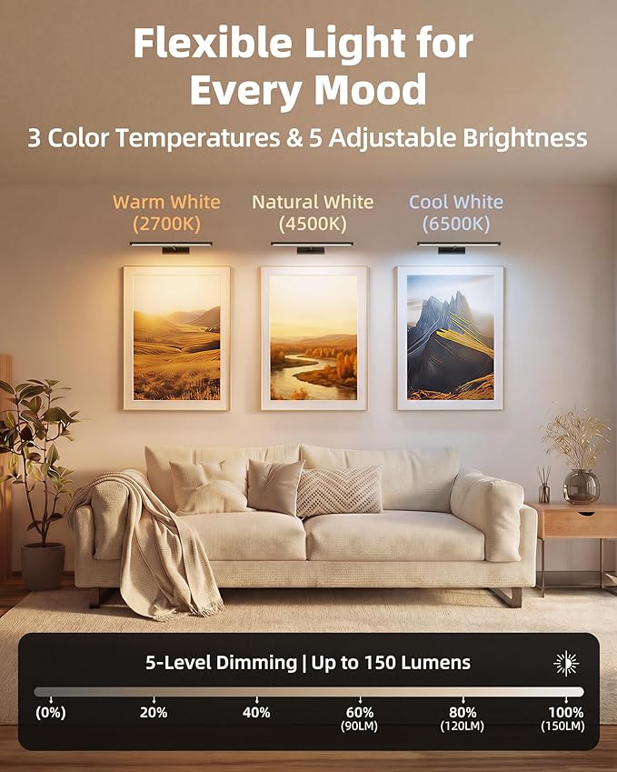 EZVALO Picture Light for Wall, 4800mAh Rechargeable Wireless Remote Battery Lights for Painting, 16In Dimmable Magnetic LED Art Display Light, Colors Temperatures, for Gallery, Living Room,Hallway